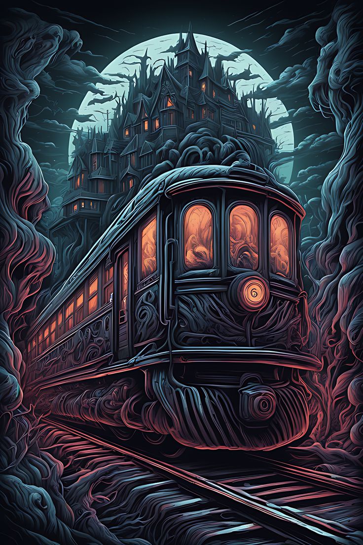 Surreal ghost train with a terrifying shape of hyper detailed Halloween Hallway, Horror Ideas, Train Artwork, Train Tattoo, Halloween Train, Ghost Train, Pineapple Express, Train Art, Steam Engines