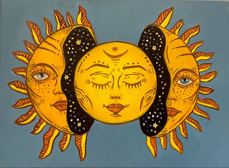 a painting of the sun with two faces on it's face and one has eyes closed