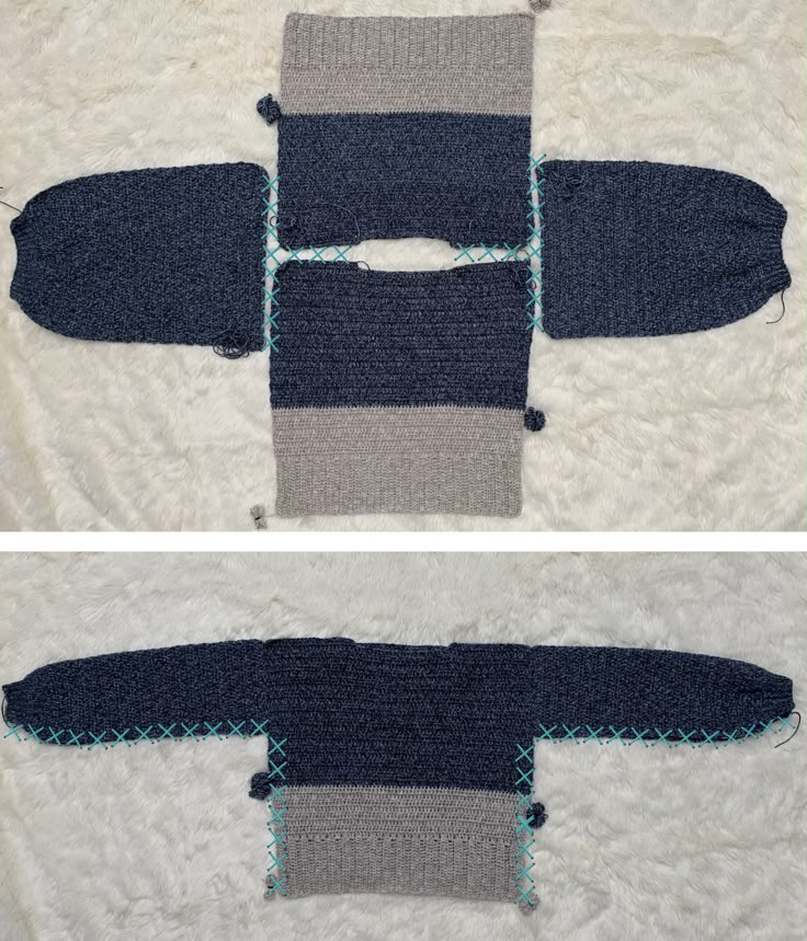 two pictures of the same piece of fabric with stitching on it, one is blue and gray