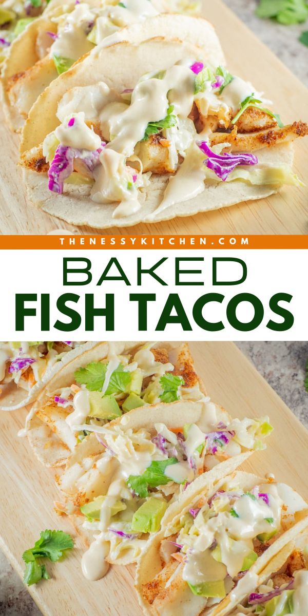 A perfect busy weeknight dinner! In less than 30 minutes, you can have these oven baked fish tacos with a creamy lime slaw. Save this baked cod recipe and try this quick and easy meal for tonight! Baked Fish For Tacos, Fish Tacos Oven Baked, Cod Fish Tacos With Cabbage Slaw, Baked Fish Tacos With Cabbage Slaw, Basa Fish Tacos, Cod Tacos Recipes, Baked Cod Fish Tacos, Fish Tacos Cod, Fish Tacos Baked