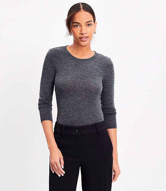 In the softest sweater knit jersey, this forever essential fits and flatters in all the right places - worn alone or layered. Crew neck. Long sleeves.,Bullet1:24" long,Imported:Imported,Fit:Fit: Slim — streamlined to fit close to the body,Length:Length: Regular - hits below natural waist,Fabrication:82% Polyester 14% Rayon 4% Spandex,Garment Care:Machine Washable Loft Sweater Knit Long Sleeve T-Shirt Size XS Charcoal Grey Heather Women's by Loft Size Regular - XS Charcoal Grey Heather Women's Kn Knit Long Sleeve, Knit Tees, Knitting Women, Softest Sweater, Sweater Knit, Crew Neck Tee, Charcoal Grey, Knit Jersey, Long Sleeve T Shirt