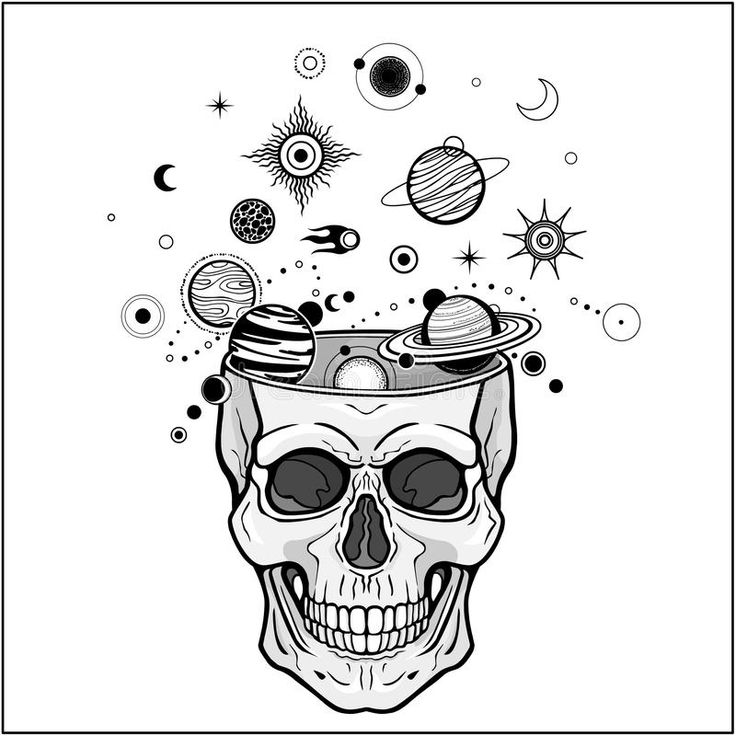 a skull with planets on its head