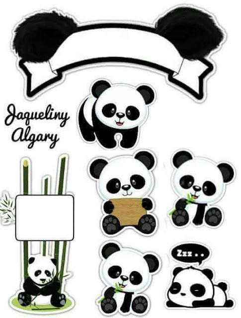 some pandas are sitting on the grass and one is holding a bamboo sticker