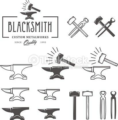 black and white logos for blacksmiths, including hammers, an old fashioned ax