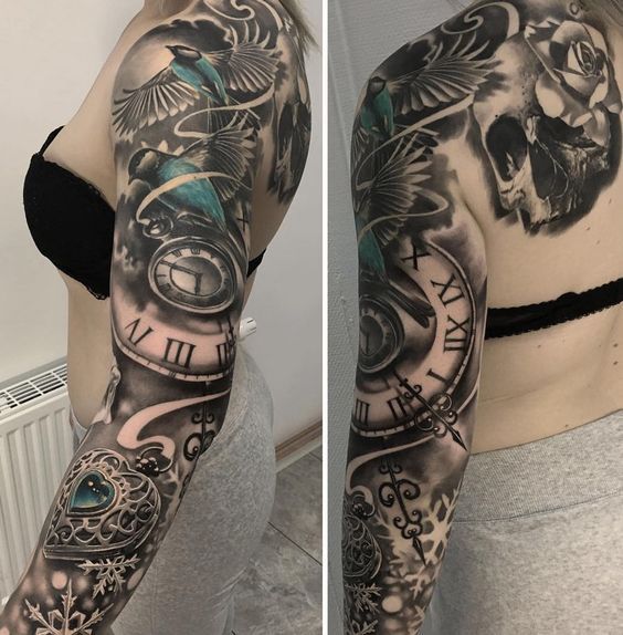 a woman with a clock tattoo on her left arm and half - sleeved top