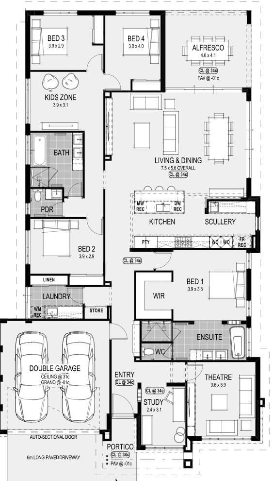 the floor plan for a two story house with three car garages and an attached living area