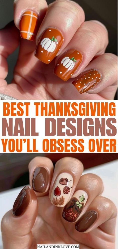 Santa Hat Nails, Thanksgiving Nails Design Fall, Scarecrows Nails, Fall Thanksgiving Nails, Pumpkin Nail Art, Xmas Nail Art, Brown Nails Design, Thanksgiving Nail Designs, Thanksgiving Nail Art