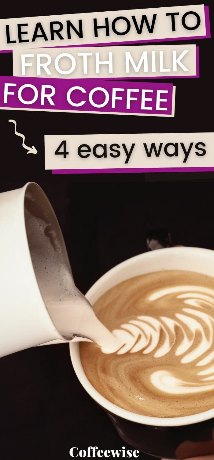 a person pouring milk into a cup with the words learn how to froth milk for coffee