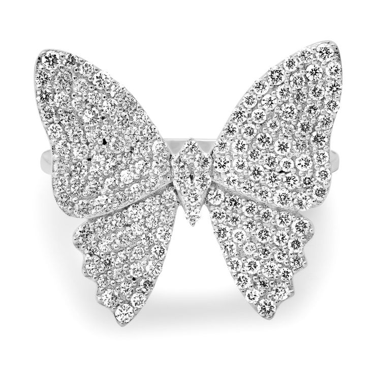 Bright Pave Diamond Butterfly Ring Luxury Diamond Butterfly Ring For Formal Occasions, Luxury Butterfly Ring With Diamond Accents, Butterfly Shaped Rose Gold Diamond Jewelry, Luxury Silver Diamond Butterfly Ring, Butterfly-shaped Cubic Zirconia Fine Jewelry Rings, Butterfly Ring, Pave Diamonds, Gold Color, Rose Gold