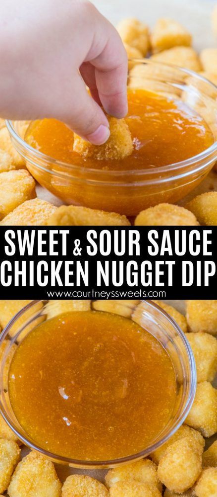 someone dipping sauce on some chicken nuggies in a bowl with the words, sweet and sour sauce for chicken nuggies dip