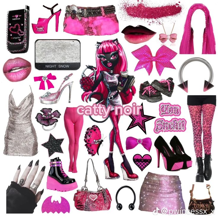 a collage of pink and black items including high heels, purses, lipstick, handbags