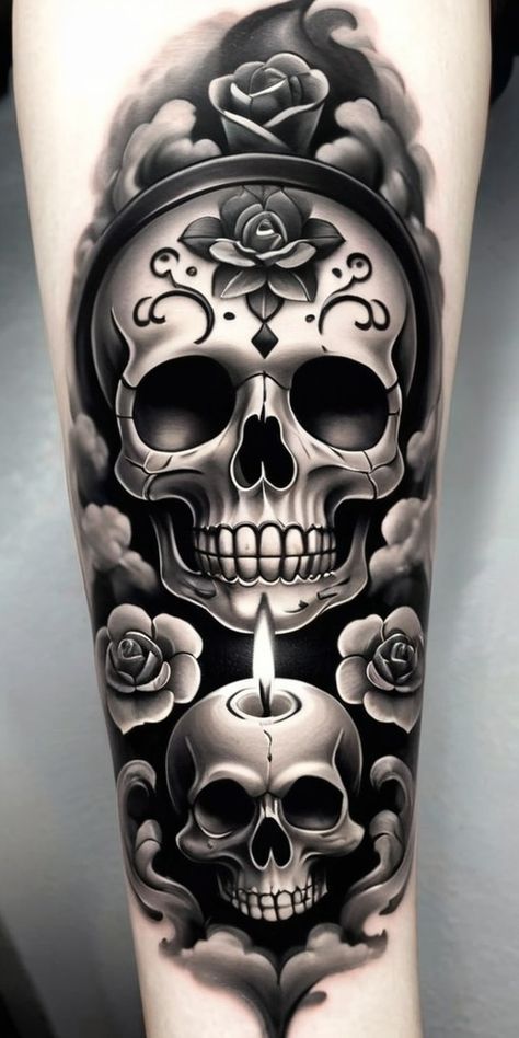 a woman's leg with a skull and roses tattoo on the side of her thigh