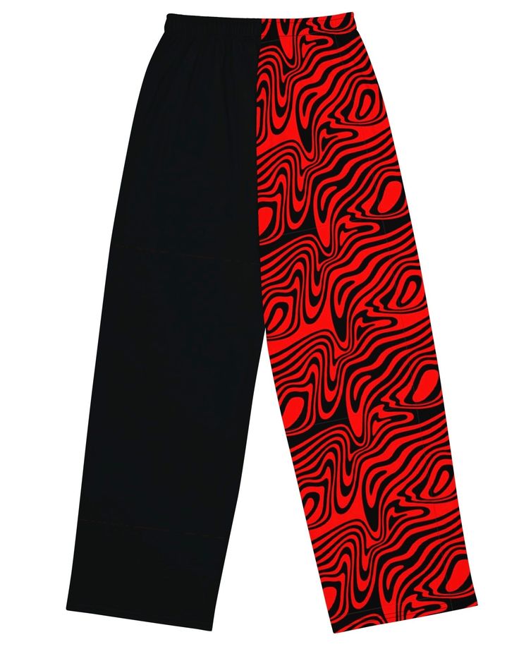 Get ready to rave in ultimate comfort with the Hypnotic Split Wide Leg Pants. These pants bring all the chill vibes of your favorite sweatpants but with way more style. Featuring a bold red and black split design with trippy wavy patterns on one leg, these pants are perfect for making a statement at Lost Lands, Bass Canyon, or your next rave. Relaxed unisex fit for all-day comfort, whether you're dancing or lounging Handy side pockets to stash your essentials while you vibe out Elastic waistband Red Stretch Sweatpants For Streetwear, Red Wide Leg Sweatpants For Streetwear, Trendy Red Sweatpants For Streetwear, Black Graphic Print Loungewear Pants, Edgy Red Pants For Streetwear, Edgy Black Bottoms For Loungewear, Lost Lands Festival, Bass Canyon, Arm Wear