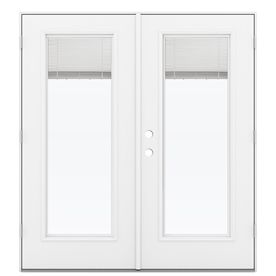 a white double door with blinds on the top and side panels, in front of a white background