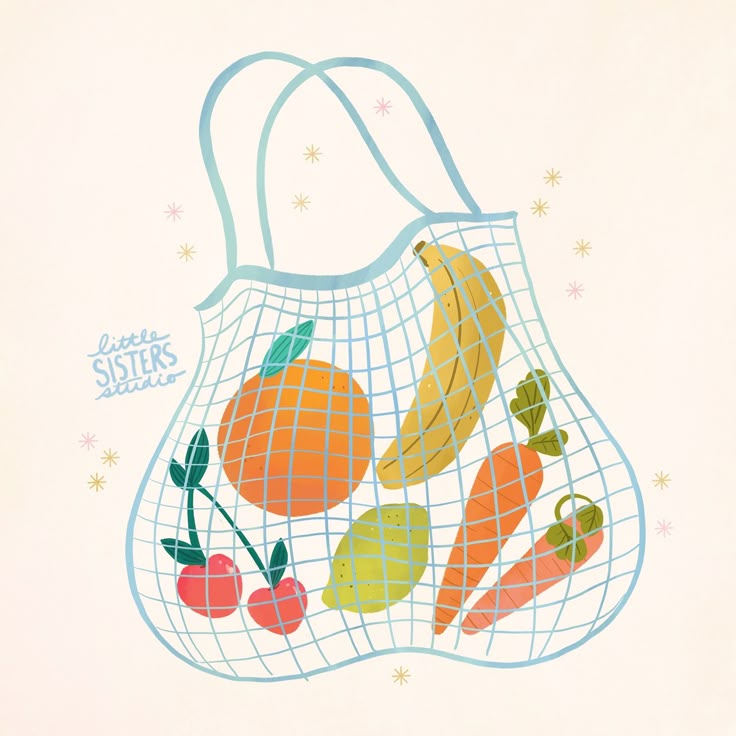 an image of a bag with fruits and vegetables in it that says little sisters on the front