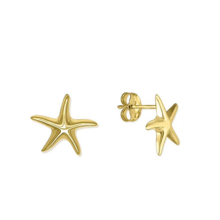 14K Yellow Gold Starfish Stud Earrings. The earrings measure approximately 1/2" in length. Gold Elegant Earrings With Starfish Charm, Elegant Gold Earrings With Starfish Charm, Yellow Gold Starfish Earrings For Gift, Elegant Yellow Gold Starfish Charm Earrings, Elegant Yellow Gold Earrings With Starfish Charm, Yellow Gold Starfish Earrings With Starfish Charm, 14k Yellow Gold Starfish Jewelry, Single Star-shaped 14k Gold Earring, 14k Gold Star-shaped Single Earring