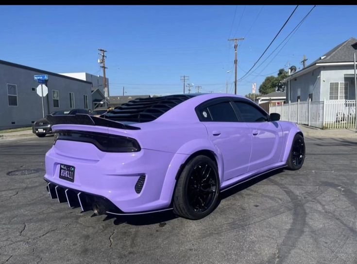 a purple sports car parked in a parking lot