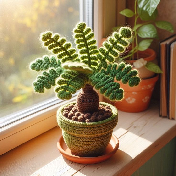 a crocheted potted plant sitting on top of a window sill next to a book