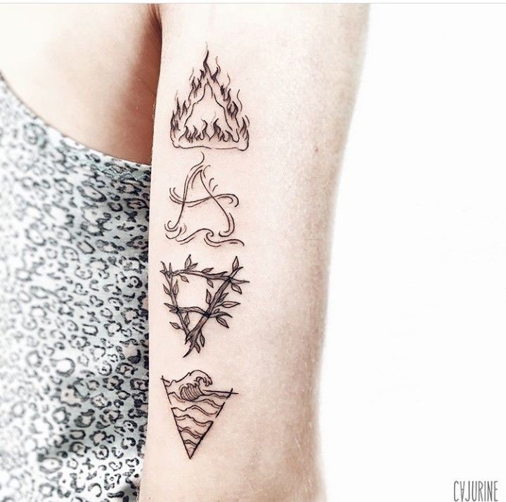 a woman's arm with tattoos on it that include mountains, trees and arrows