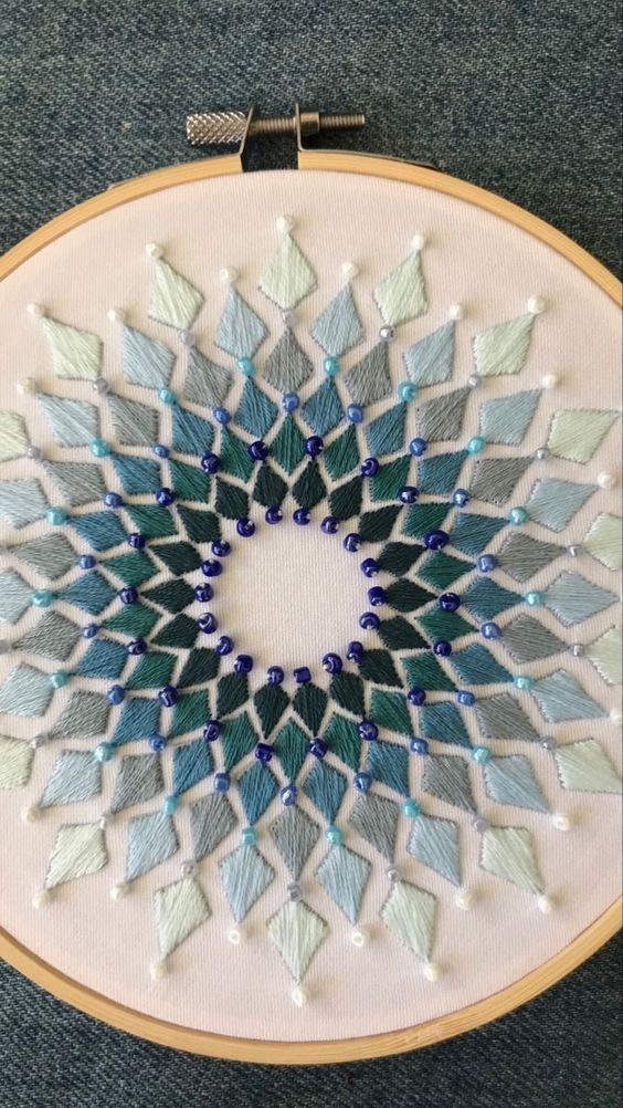 an embroidery project with blue and green designs