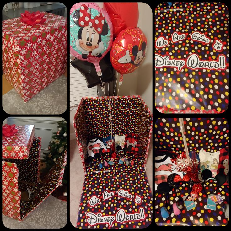 various pictures of presents wrapped in polka dot paper and balloons with minnie mouse on them