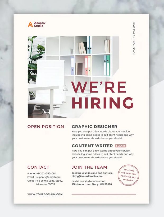 a flyer for an interior design company with white marble background and red lettering that reads we're hiring