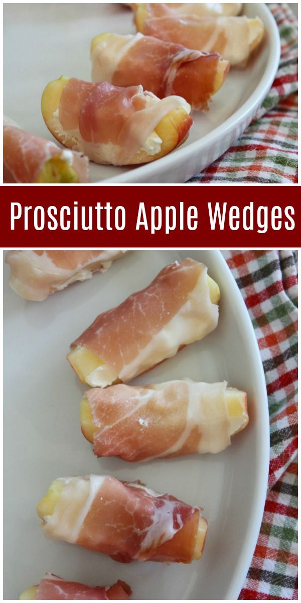 prosciutto apple wedges on a white plate with the title above it