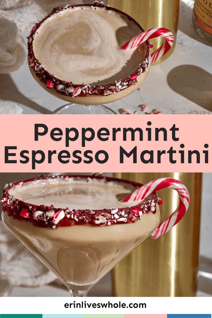 peppermint espresso martini with candy canes on the rim