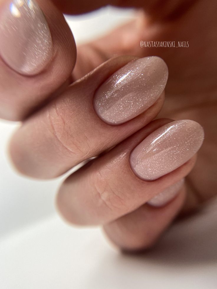 Simple Nails Glitter Classy, Wedding Guest Neutral Nails, Taupe Shimmer Nails, Minimal Neutral Nails, Nails For Eucalyptus Dress, Nails To Match Champagne Dress, Nude Sparkly Nails Almond, Nude Nails Sparkle, Light Winter Nails