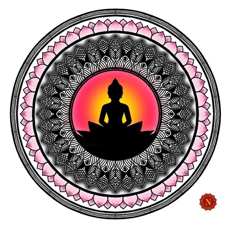 a drawing of a buddha sitting in the middle of a flowered circle with an orange and pink sun behind it