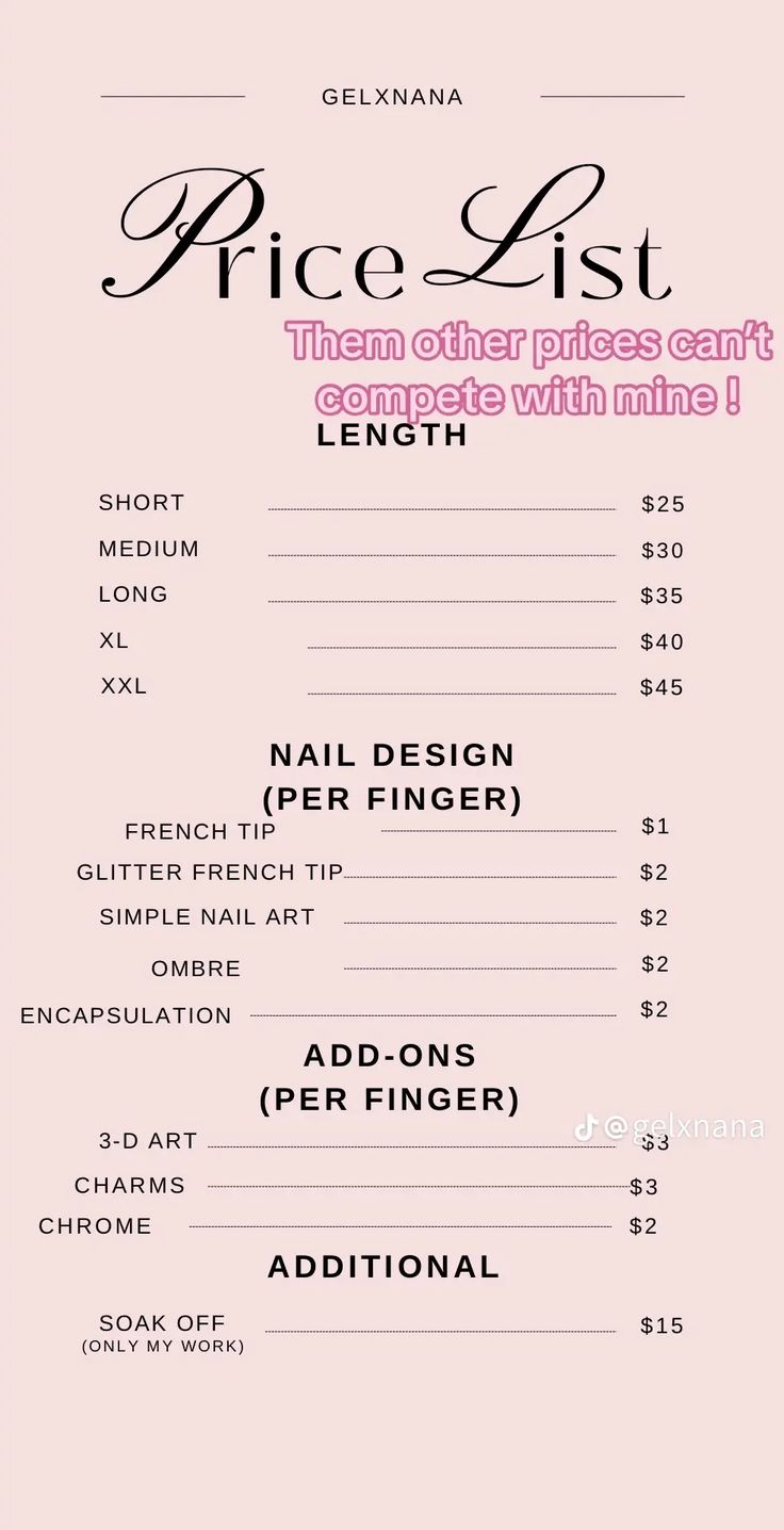 Nail Tech Prices Guide, Nail Business Price List, Nail Schedule Ideas, Nail Tech Information, Nail Salon Checklist, Mail Inspo Beginner, Nail Tech Guide, Nail Prices List For Beginners, Nail Tech Cart Organization