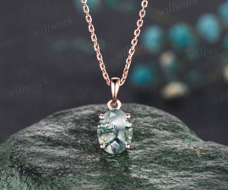 - Metal: Solid gold(9K/14K/18K white/yellow/rose gold),925 sterling silver, platinum available- Main Stone: 7x9mm oval cut natural moss agate- Chain: 16+2 inches. The chain can be adjustable to 18 Inches.- Can be personalized: Yes Luxury Natural Stones Oval Pendant Necklace, Trillion Engagement Ring, Promise Necklace, Rutilated Quartz Ring, Handmade Fine Jewelry, Solitaire Pendant, Green Agate, Agate Necklace, Small Rings