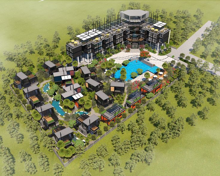 an artist's rendering of a residential area with swimming pool and hot tubs