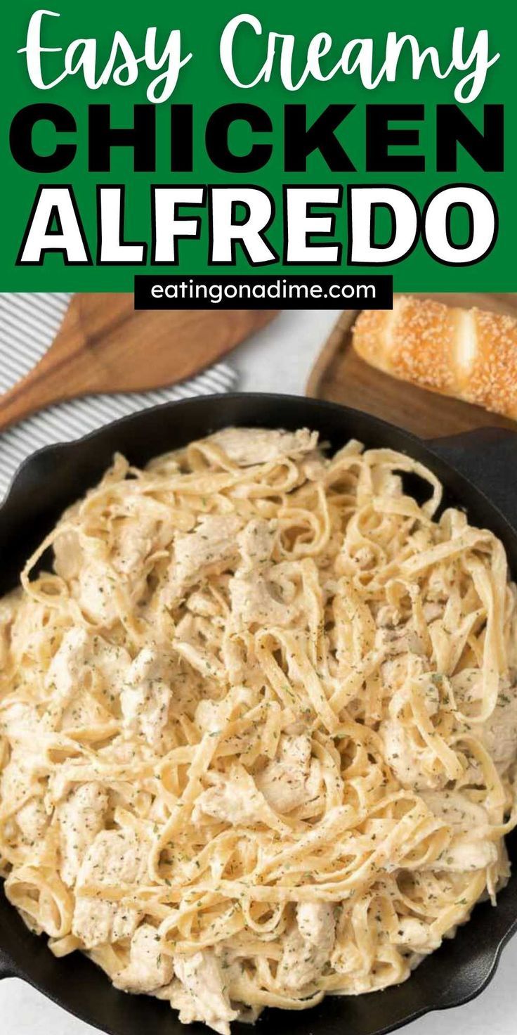 chicken alfredo in a skillet with text overlay