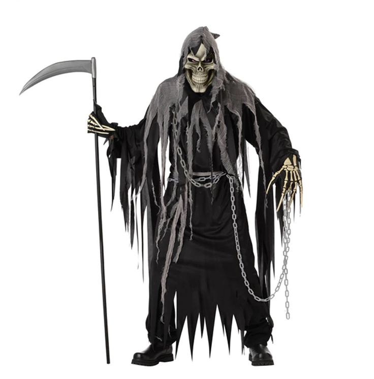 a man in a skeleton costume holding a large scythe and chain around his neck