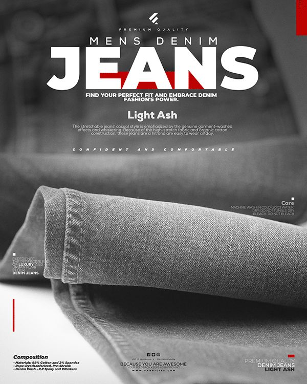 the poster for jeans is shown in black and white, with red lettering on it