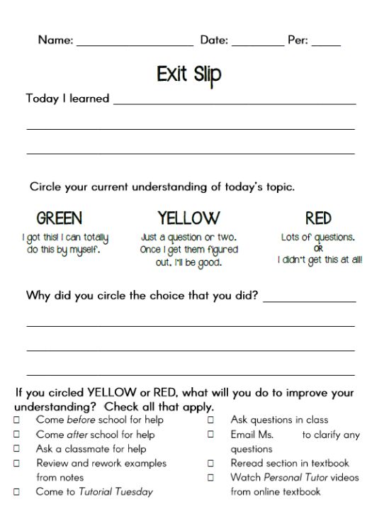 the worksheet for an exit slip