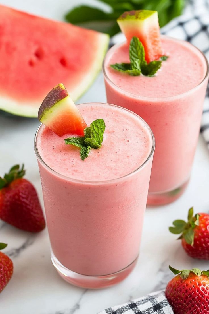 two glasses filled with watermelon smoothie next to sliced strawberries