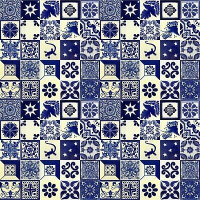 a blue and white tile pattern with different designs on the tiles, including an animal