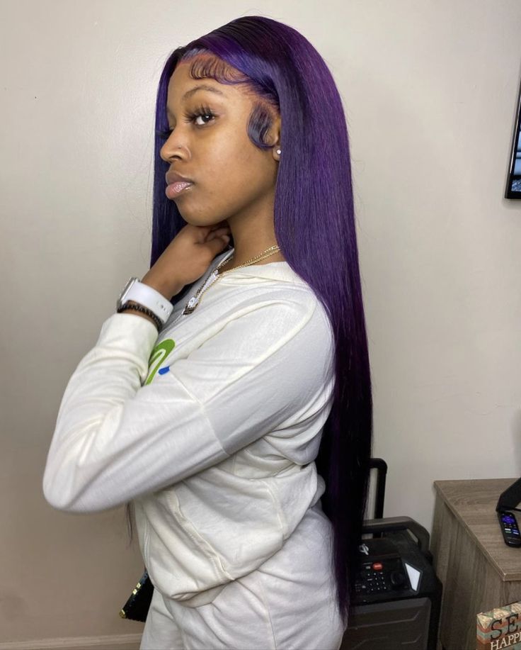 Purple Sew In Weave Black Women, Purple Sew In, Purple Hair On Black Women, Purple Wigs Black Women, Dark Purple Wig, Purple Natural Hair, Melanin Hairstyles, 19 Bday, Purple Wigs