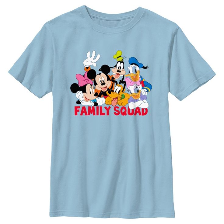 Who knew that dressing "mousey" could be so cute!? Celebrate Walt Disney's most iconic character with fun new officially licensed Mickey and Friends apparel for the whole family! This Boys' Mickey and Friends Family Squad Graphic T-Shirt features the text: "Family Squad," with a group portrait of Mickey, Minnie, Goofy, Donald, Daisy, and Pluto across the front. Whether you're a super fan, or just looking for a unique 'fit for a trip to the Disney parks, these all-new styles are exactly what you' Fun Character Print Tops For Family Events, Family Tops With Character Print And Short Sleeves, Blue Cartoon Print T-shirt For Disney Fan Events, Themed Blue T-shirt For Fan Merchandise, Mickey And Friends Shirt, Fun Character Print T-shirt For Disney Fan Events, Family Matching Blue T-shirt With Cartoon Print, Blue Family Matching T-shirt With Cartoon Print, Blue Disney Tops For Fan Merchandise