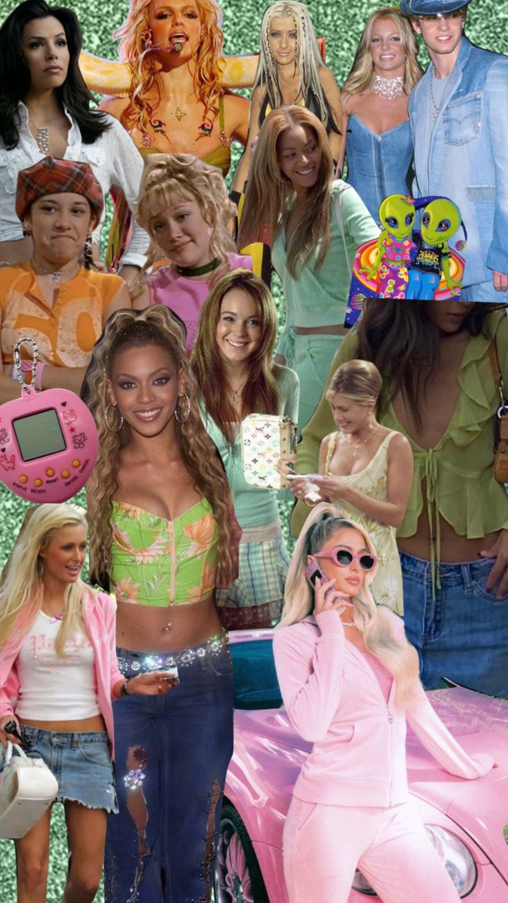 the collage shows many different women in pink and green outfits, including one woman wearing sunglasses