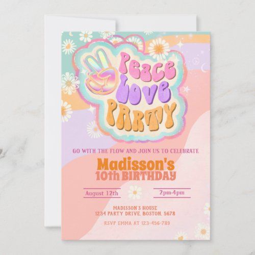 a birthday party card with the words peace love party on it