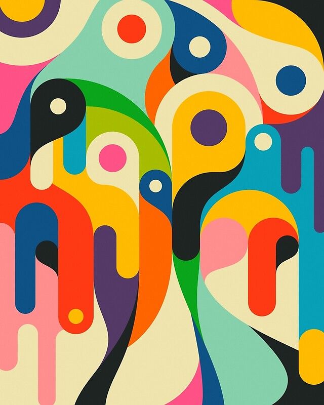 an abstract painting with different colors and shapes on black background, including circles and dots