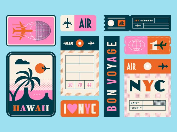 an assortment of luggage tags and stickers on a blue background with the words air, new york, i love nyc