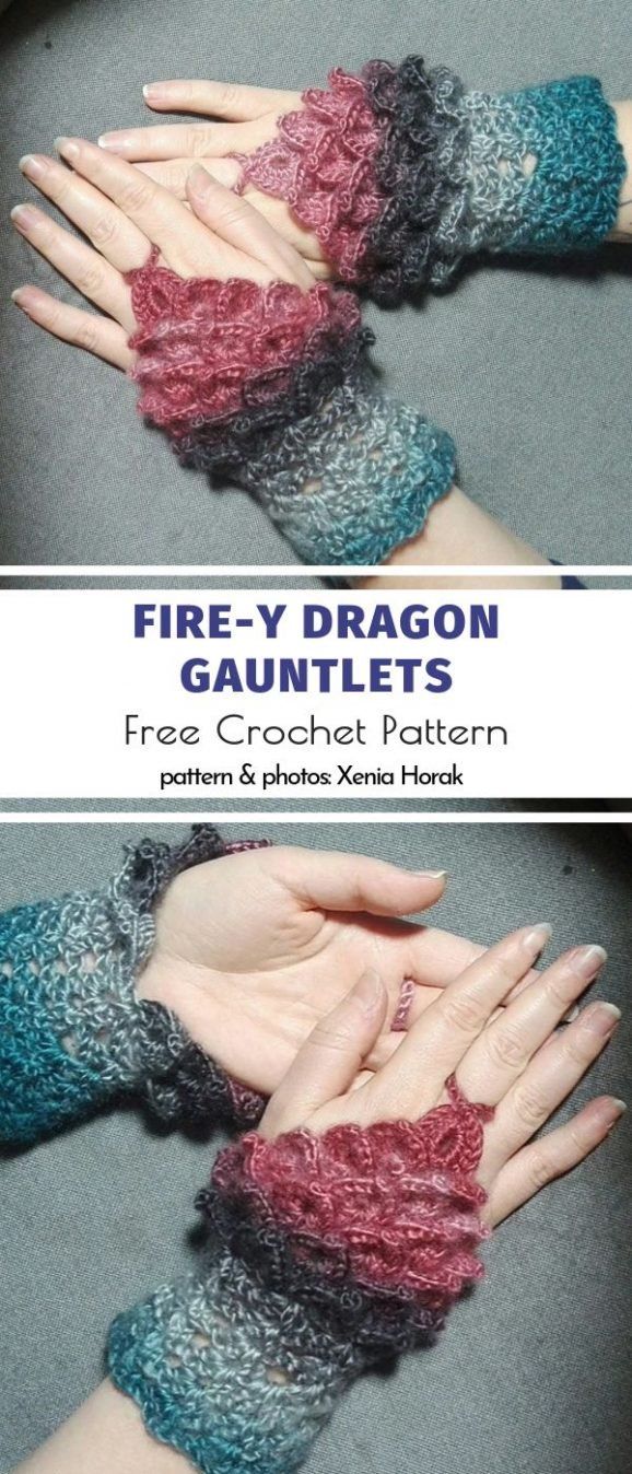 two photos of hands with crochet wrist warmers and text reading fire - y dragon gantes free crochet pattern