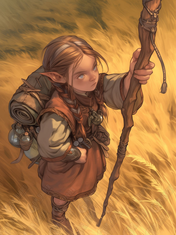 a drawing of a girl with a bow and arrow in her hand walking through tall grass