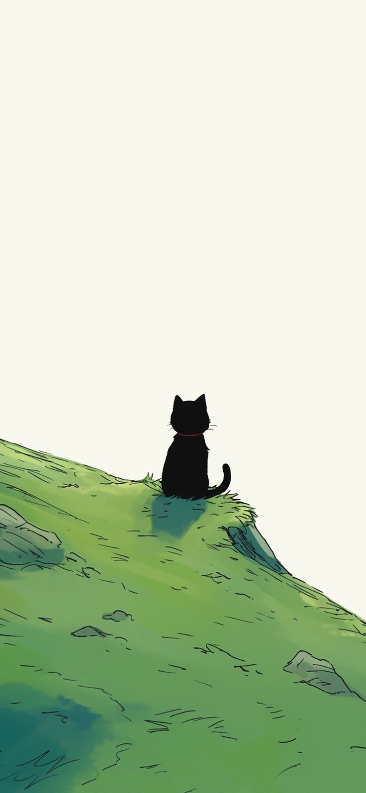 a black cat sitting on top of a green hill