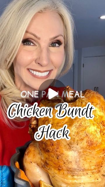 a woman holding a chicken in a pan with the words one meal chicken banut hack