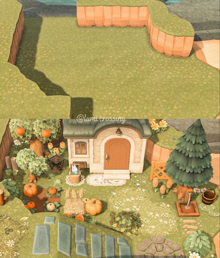 an aerial view of a house with pumpkins on the ground and trees around it